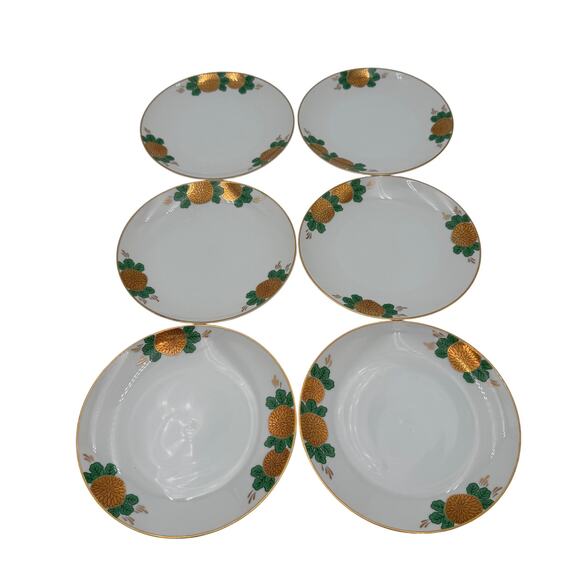 Fitz and Floyd Dessert Plates Gold Flowers with Green Leaves & Gold Trim Set/6 - Picture 1 of 12